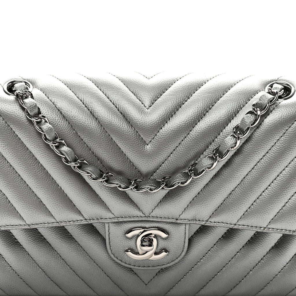 Chanel Metallic Caviar Chevron Quilted Medium Double Flap Silver