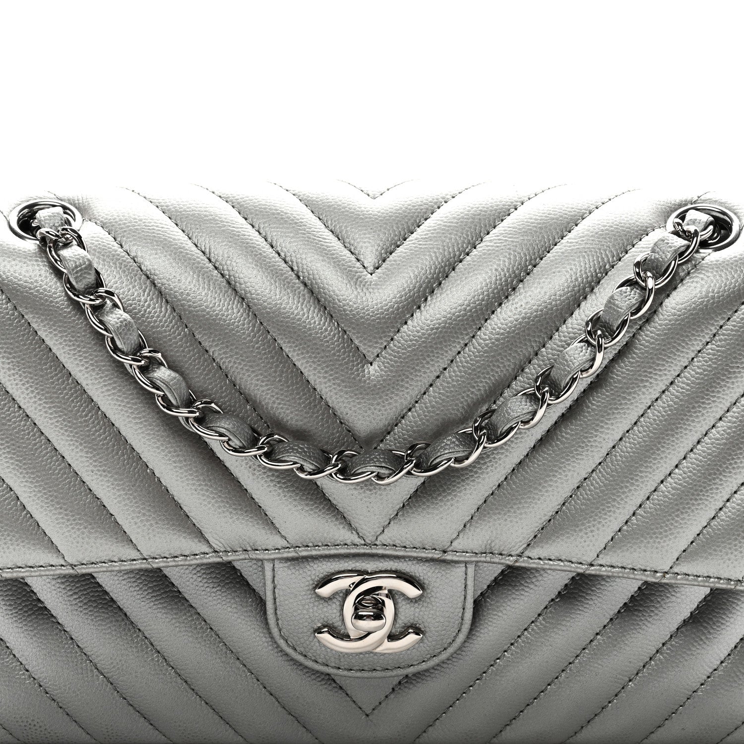Chanel Metallic Caviar Chevron Quilted Medium Double Flap Silver