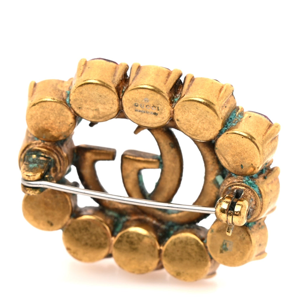 Gucci Metal Crystal Double G Brooch Aged Gold Red