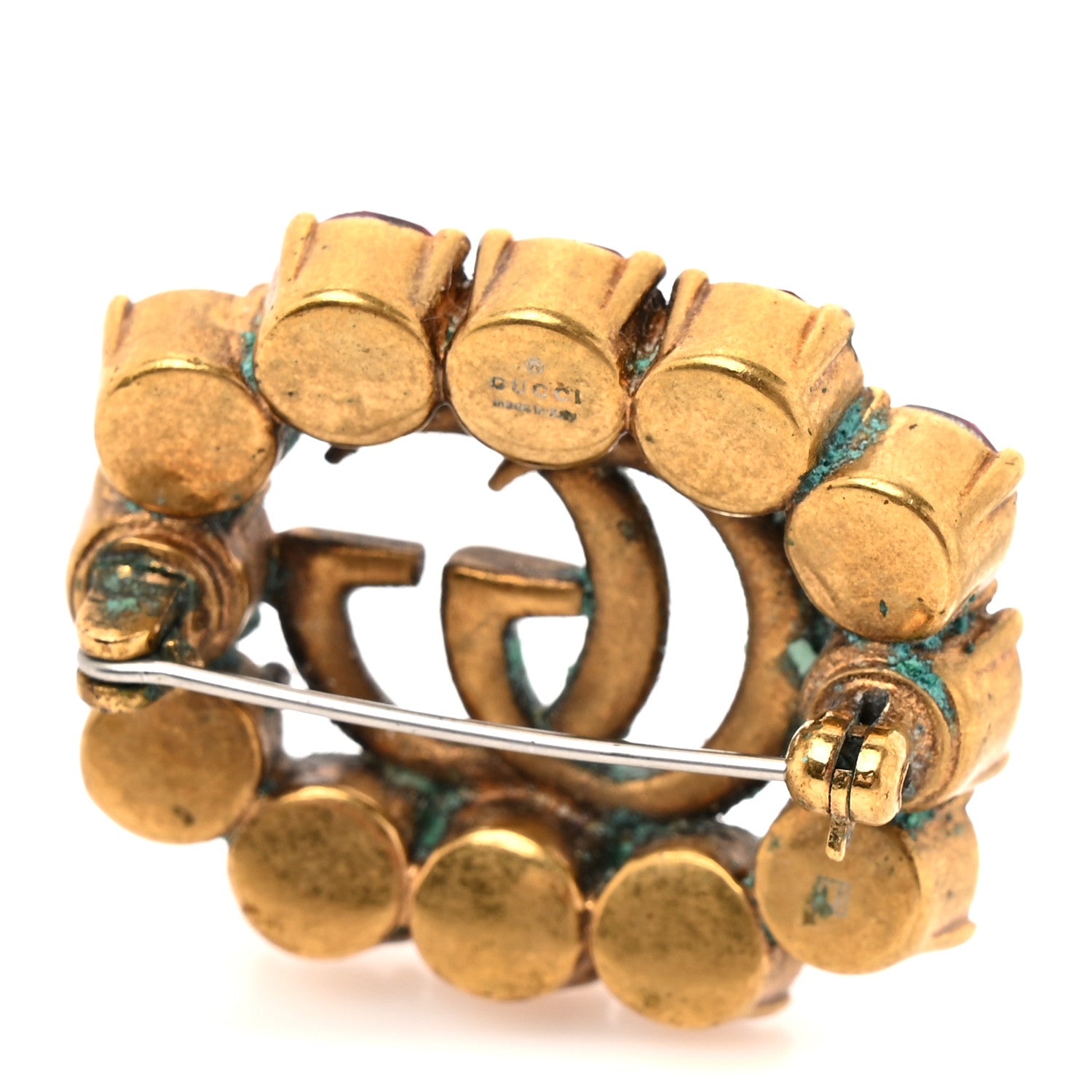 Gucci Metal Crystal Double G Brooch Aged Gold Red