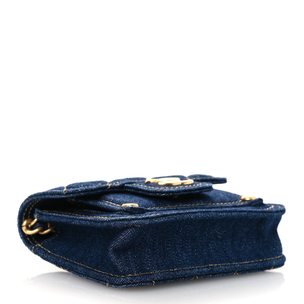 Chanel Denim Quilted Double You Card Holder On Chain Blue