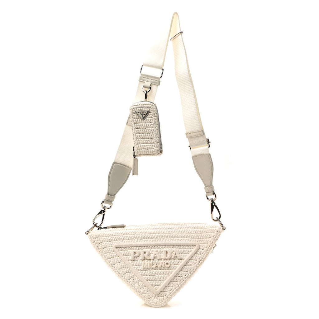 Prada Yarn Raffia Effect Crochet Triangle Shoulder Bag White