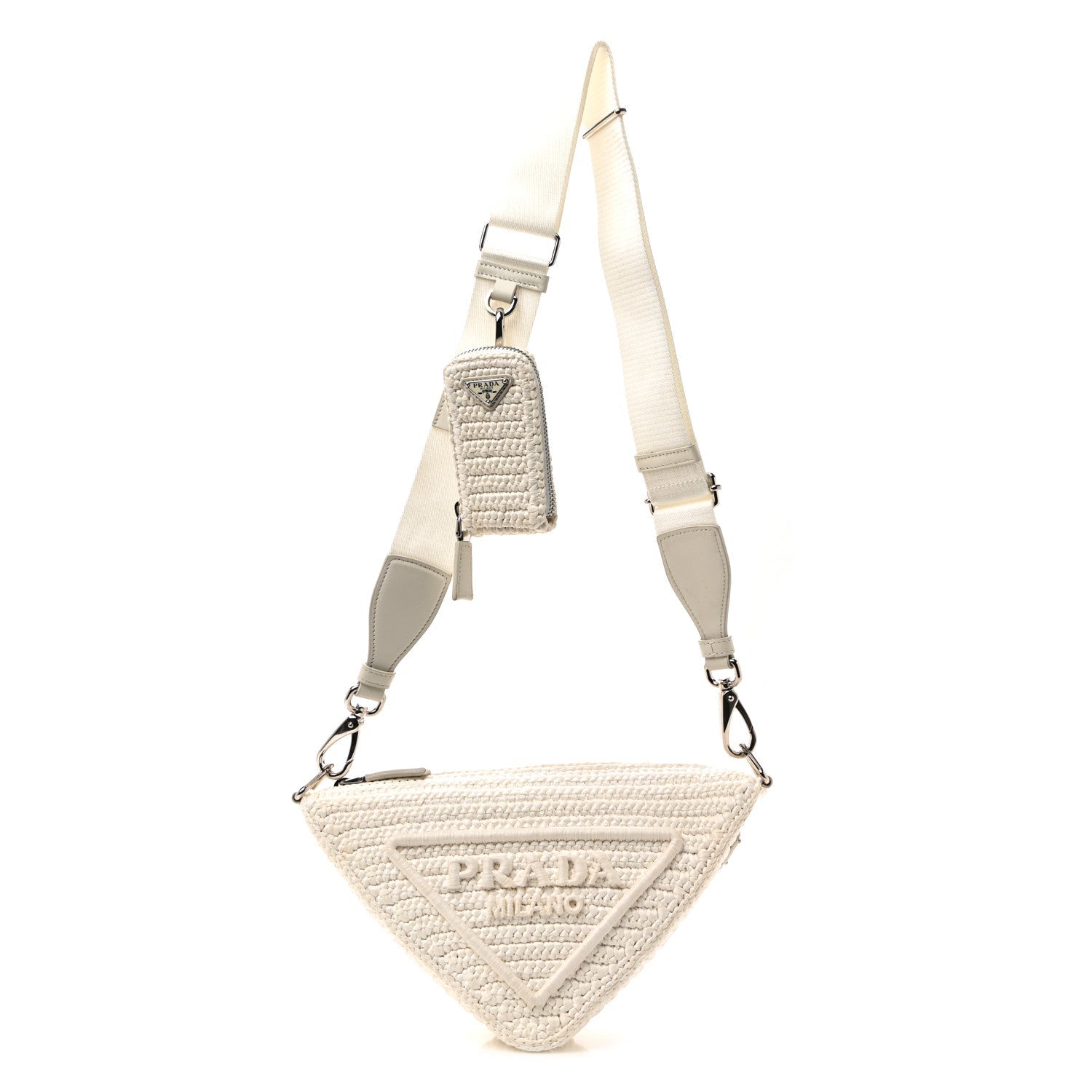 Prada Yarn Raffia Effect Crochet Triangle Shoulder Bag White
