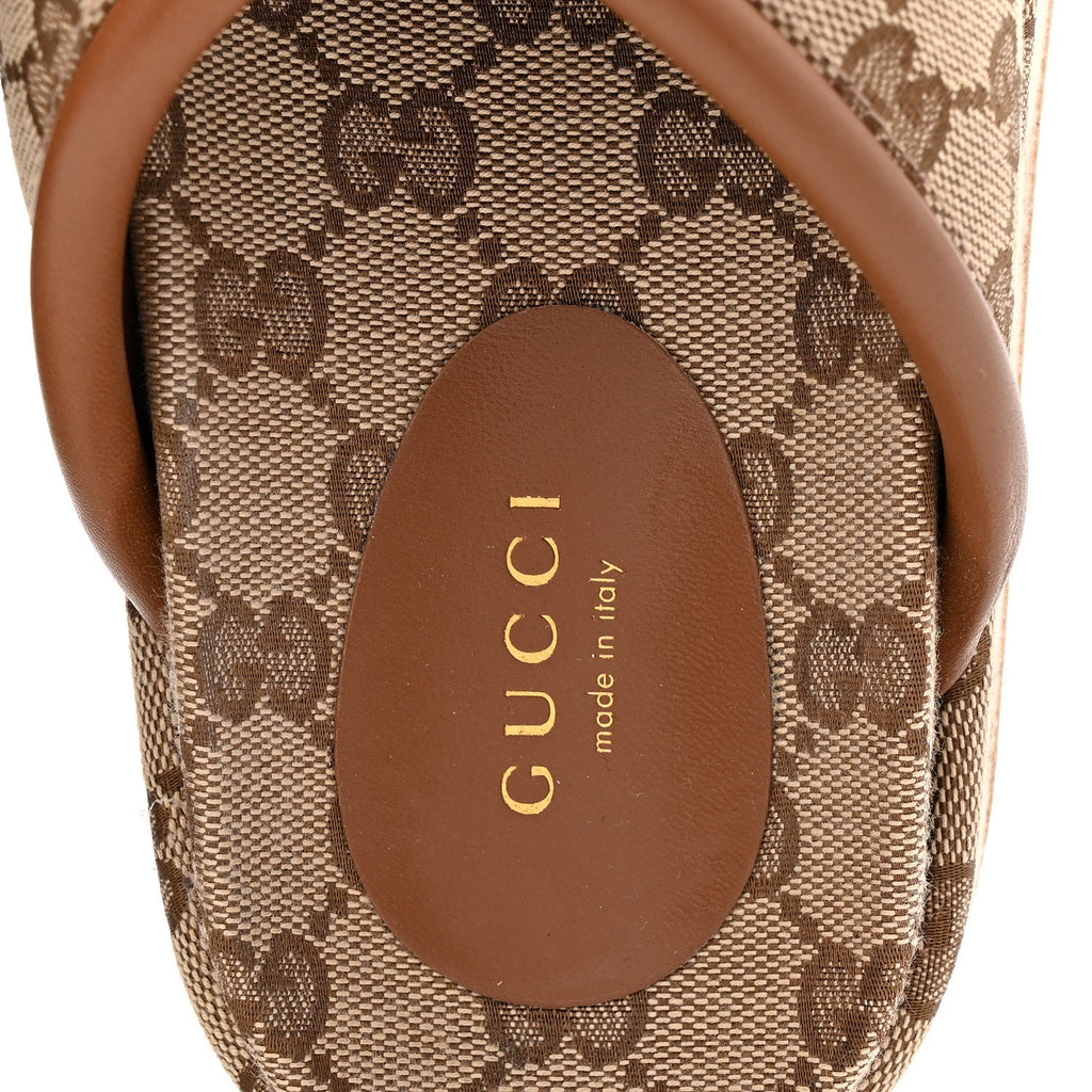 Gucci Monogram GG Calfskin Angelina Platform 55mm Slide Sandals 35 Camel Ebony