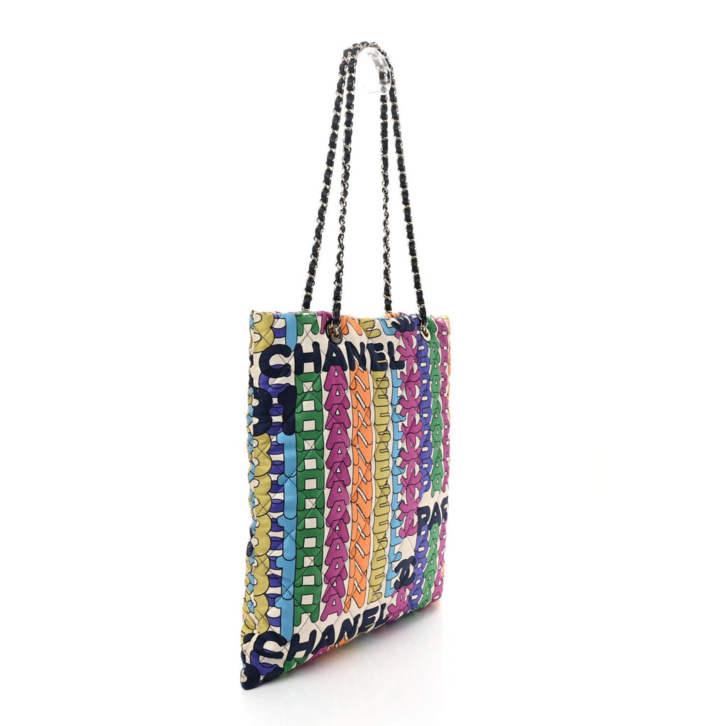 Chanel Printed Fabric Quilted Logo Large Shopping Tote Multicolor