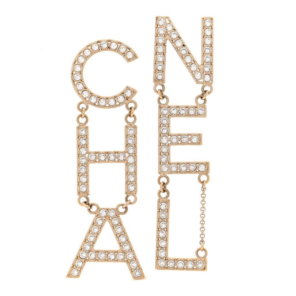 Crystal Cha-Nel Logo Drop Earrings Gold