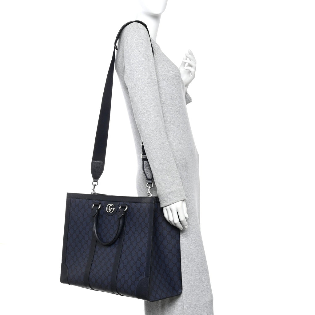 Gucci GG Supreme Monogram Textured Dollar Calfskin Large Ophidia Tote Bag Black Blue