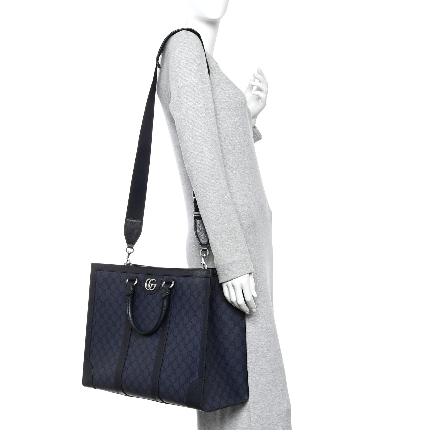 Gucci GG Supreme Monogram Textured Dollar Calfskin Large Ophidia Tote Bag Black Blue