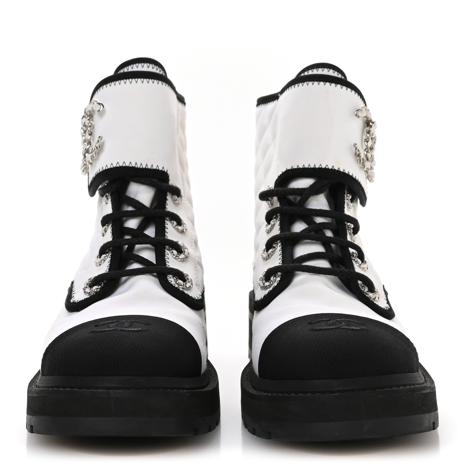 Fabric Grosgrain Quilted Cap Toe Lace Up Combat Boots 38.5 White Black