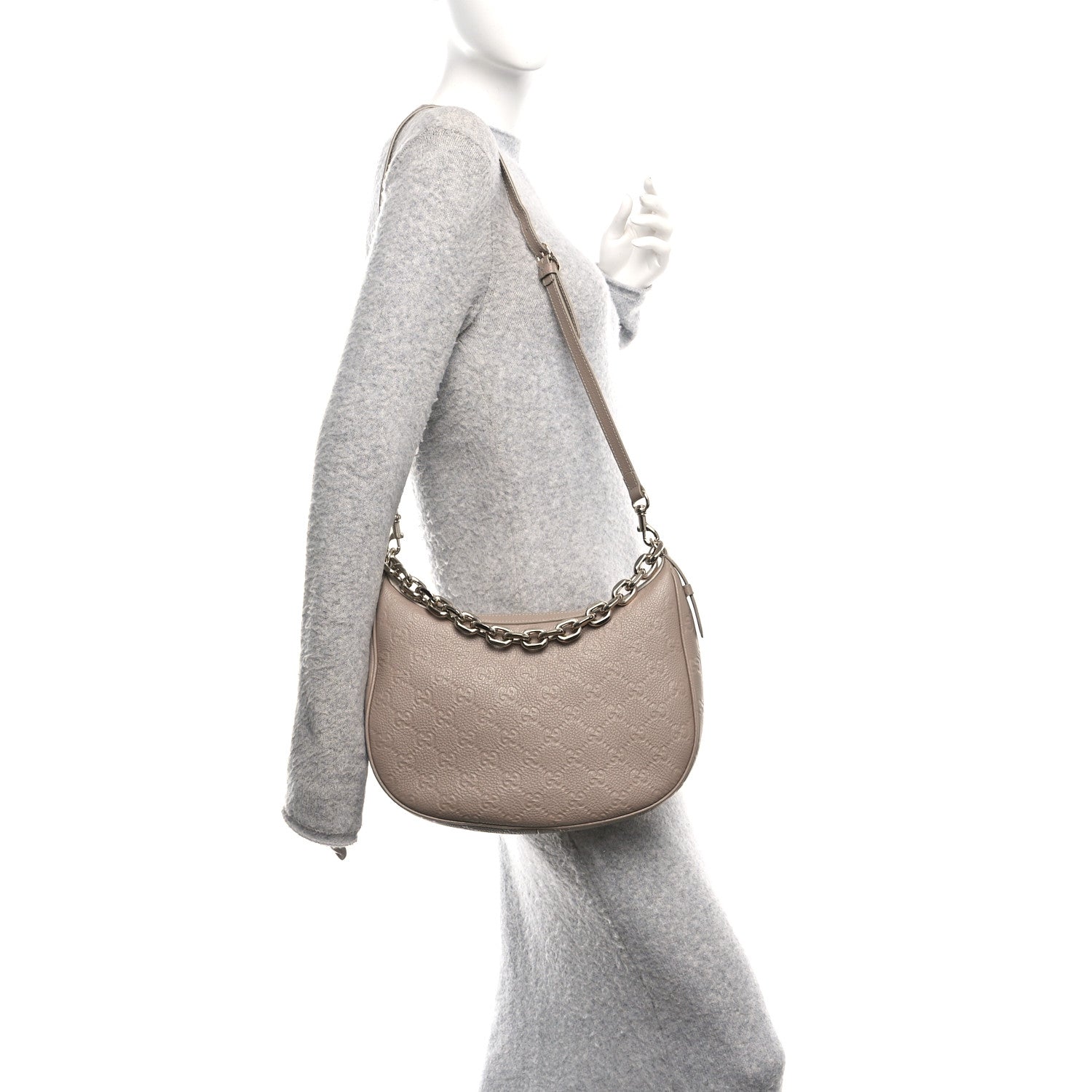 Gucci GG Grainy Calfskin Emblem Large Half Moon Shoulder Bag Taupe