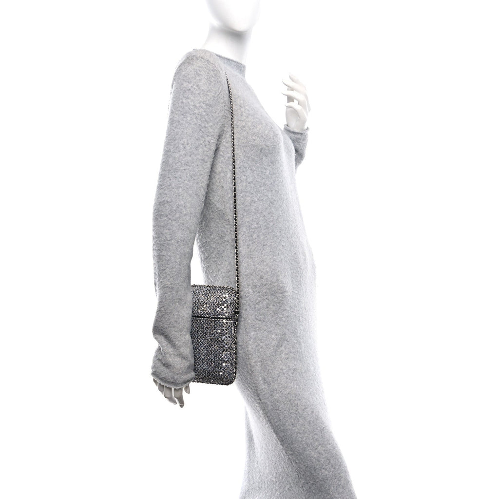 Chanel Tweed Sequin Chain Around Phone Holder Silver Black