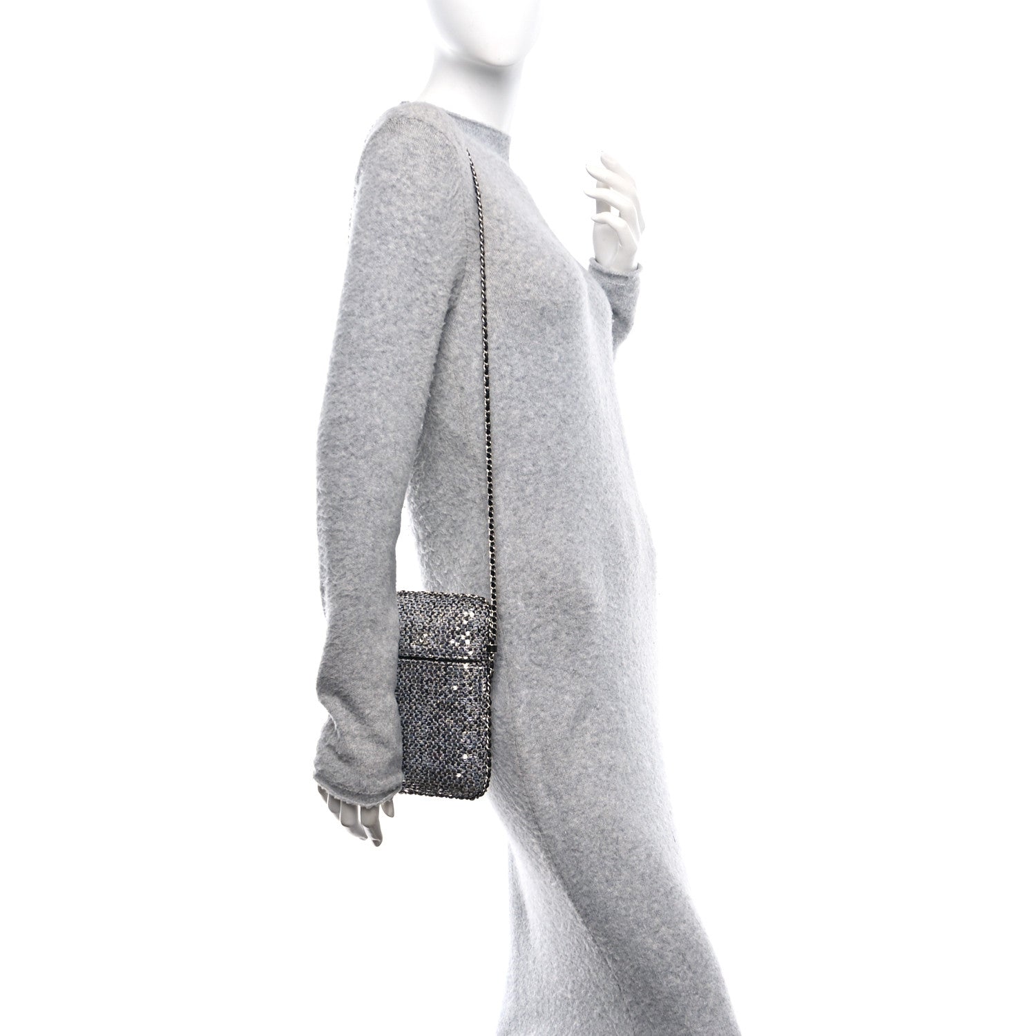 Chanel Tweed Sequin Chain Around Phone Holder Silver Black