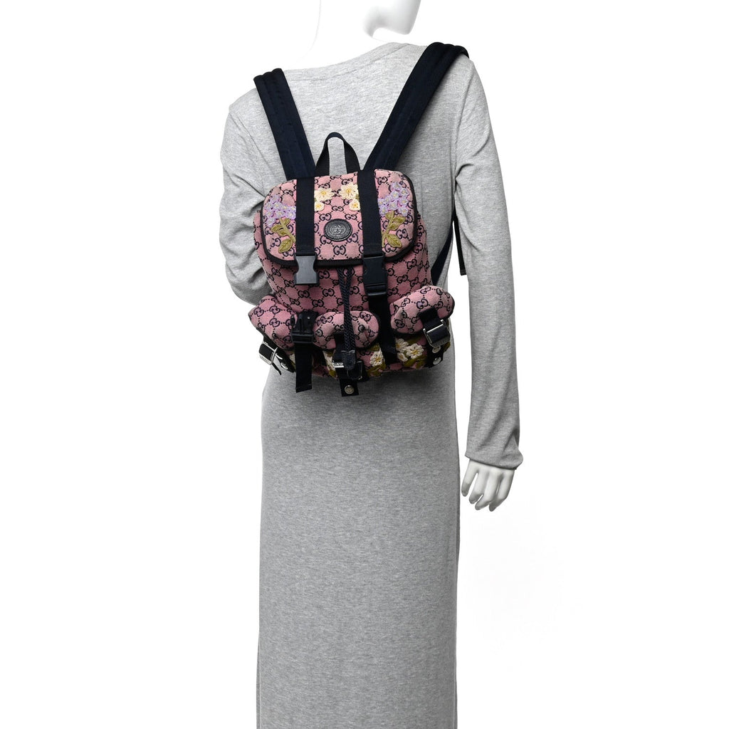 Gucci Monogram Multicolor Floral Embroidered Large Retro Interlocking G Three Pocket Backpack Pink Blue Multicolor