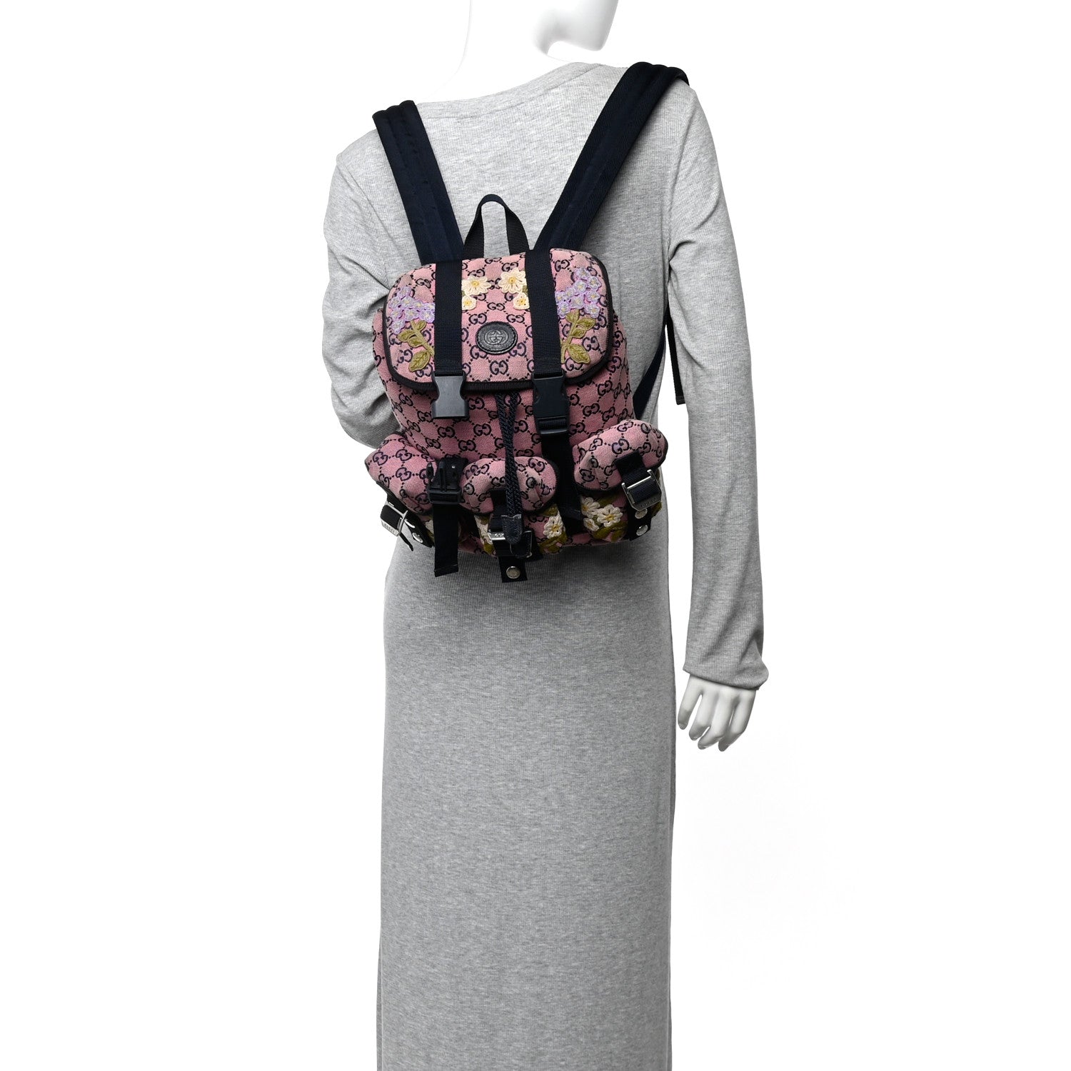 Gucci Monogram Multicolor Floral Embroidered Large Retro Interlocking G Three Pocket Backpack Pink Blue Multicolor