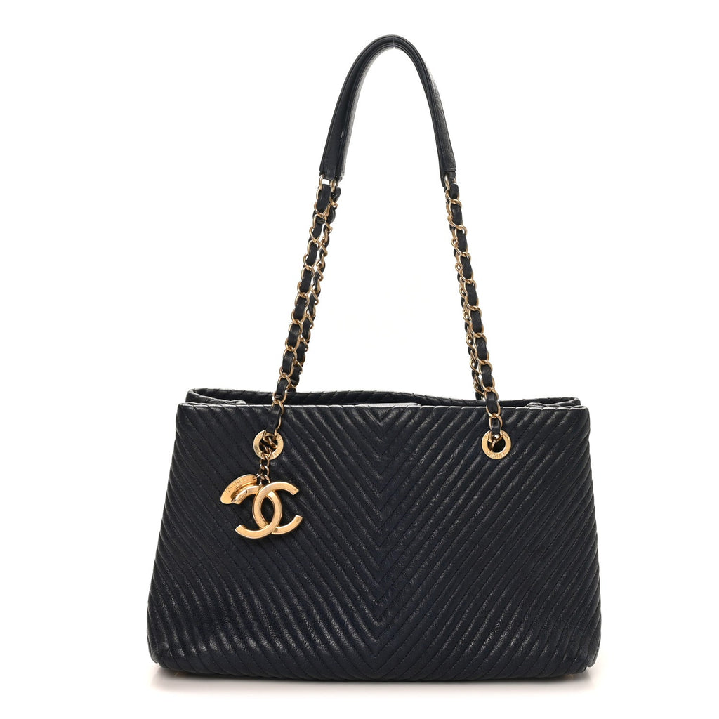 Chanel Wrinkled Lambskin Chevron Quilted Surpique Tote Navy Blue