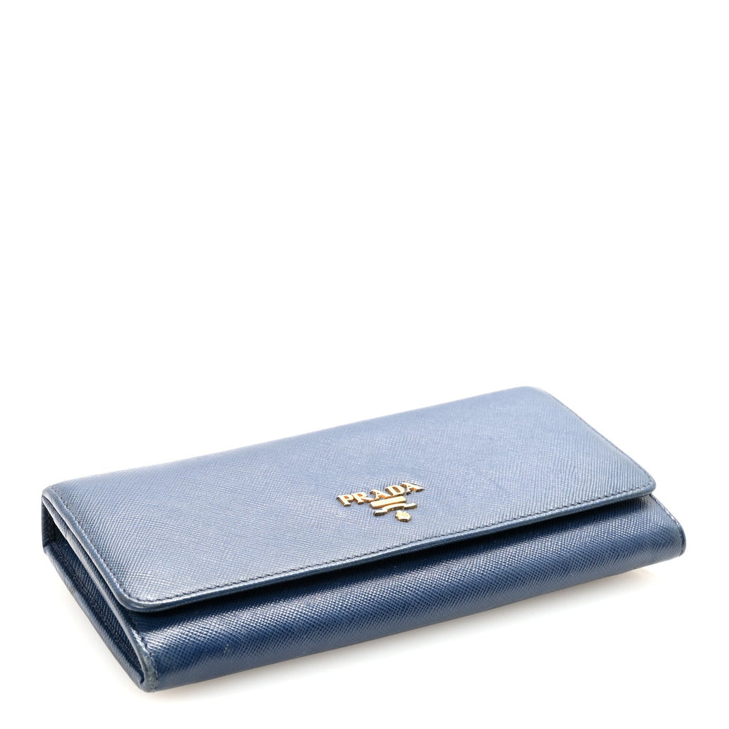 Prada Saffiano Metal Continental Flap Travel Wallet Bluette