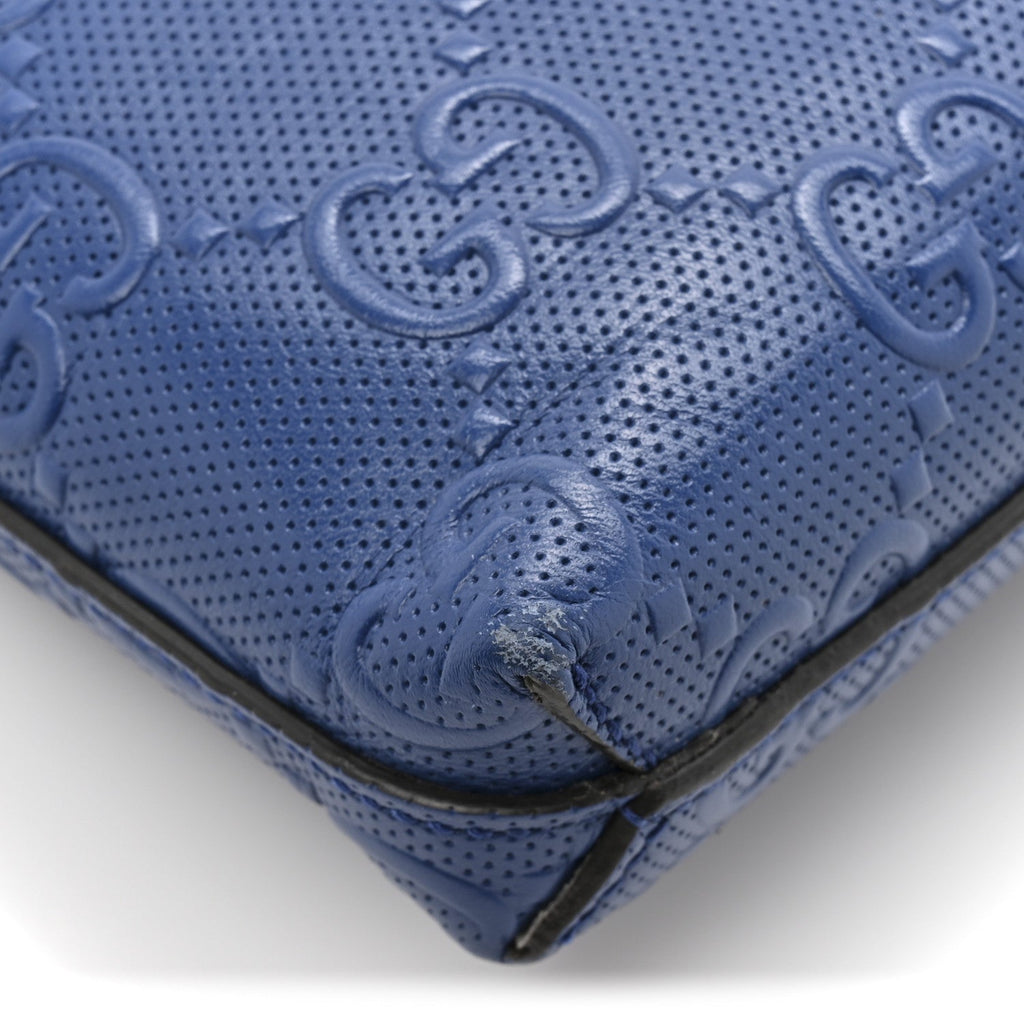 Gucci Calfskin GG Tennis Embossed Medium Wristlet Messenger Bag Intense Metal Blue