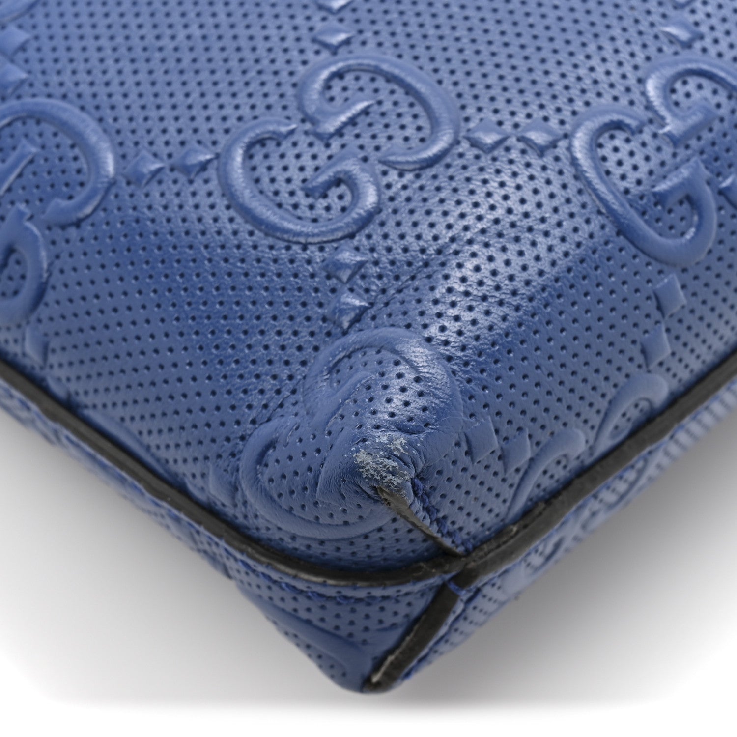 Gucci Calfskin GG Tennis Embossed Medium Wristlet Messenger Bag Intense Metal Blue