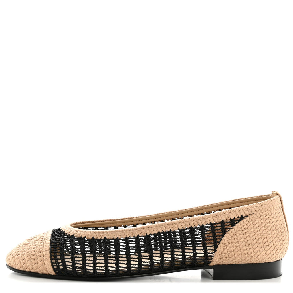 Raffia Cap Toe Ballerina Flats 40 Black Beige