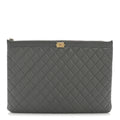 Lambskin Quilted Large Boy Zip Pouch Grey