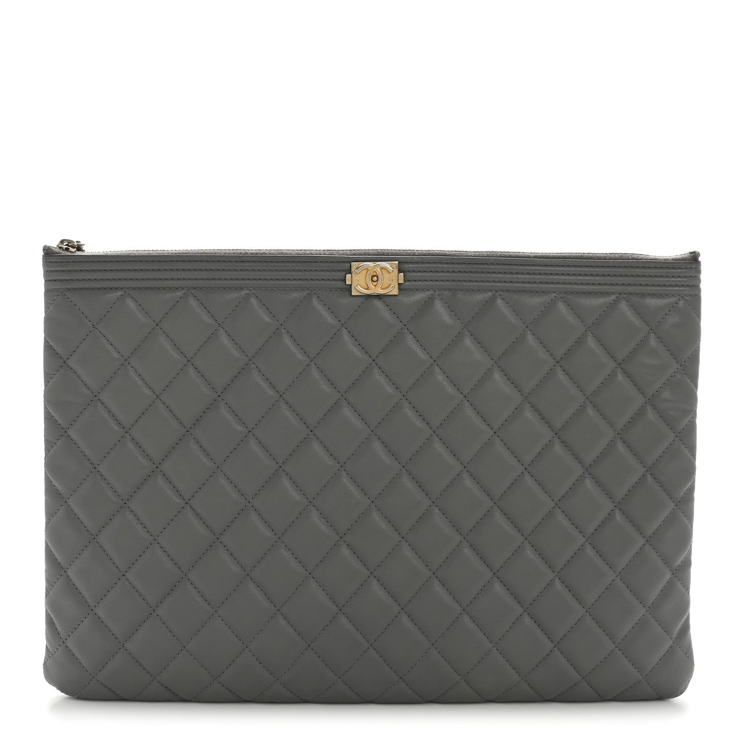 Lambskin Quilted Large Boy Zip Pouch Grey