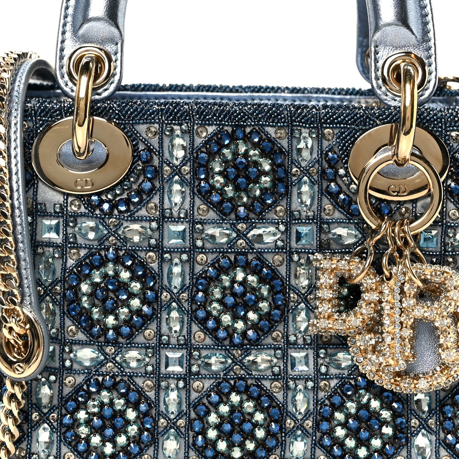 Christian Dior Metallic Calfskin Satin Celestial Bead Embroidery Cannage Mini Lady Dior Blue