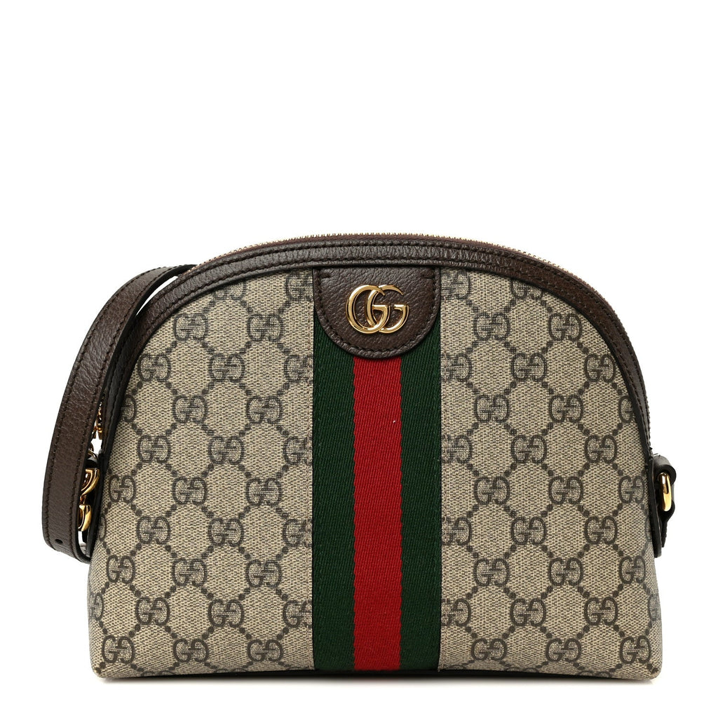Gucci GG Supreme Monogram Textured Dollar Calfskin Web Small Ophidia Dome Shoulder Bag Beige Ebony New Acero