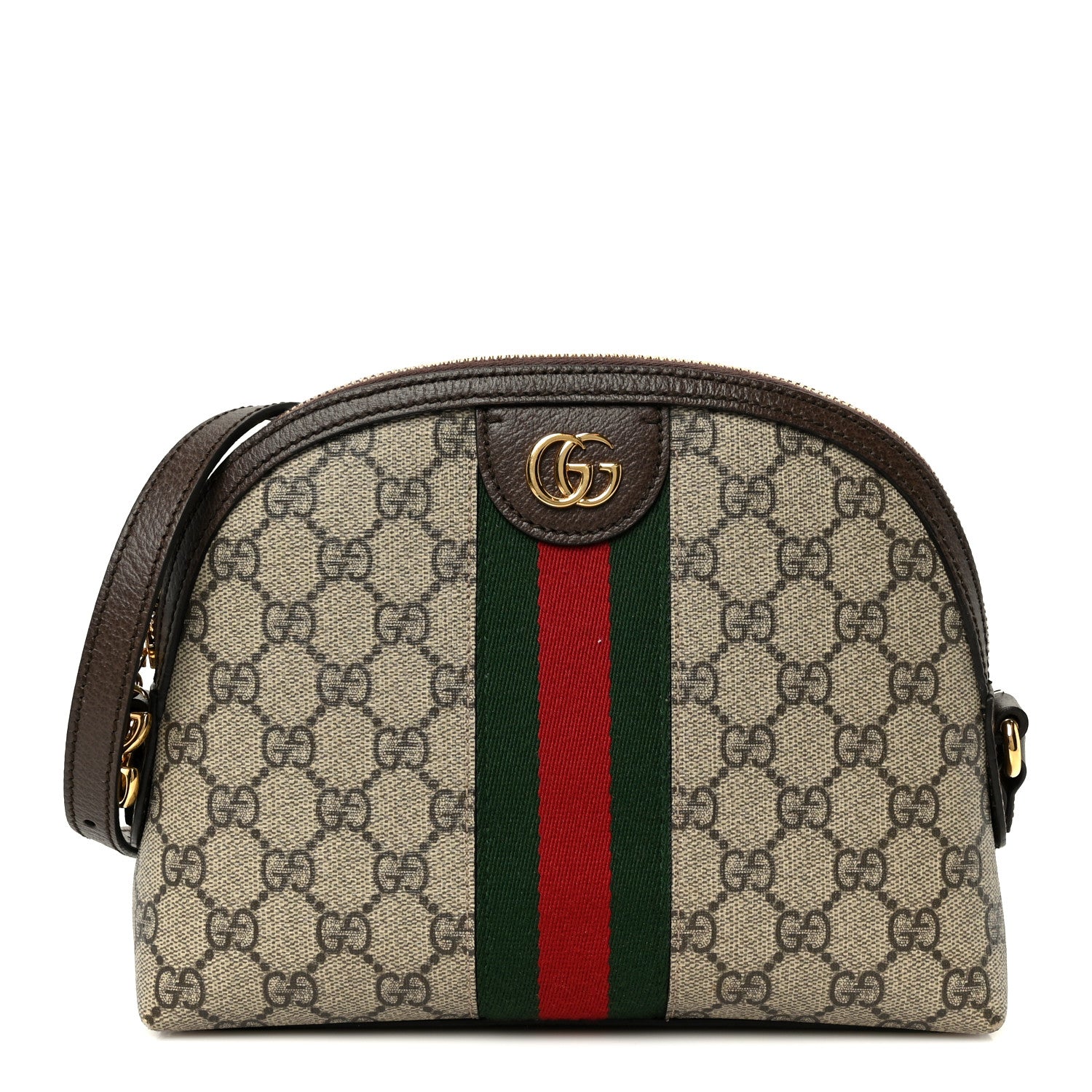 Gucci GG Supreme Monogram Textured Dollar Calfskin Web Small Ophidia Dome Shoulder Bag Beige Ebony New Acero