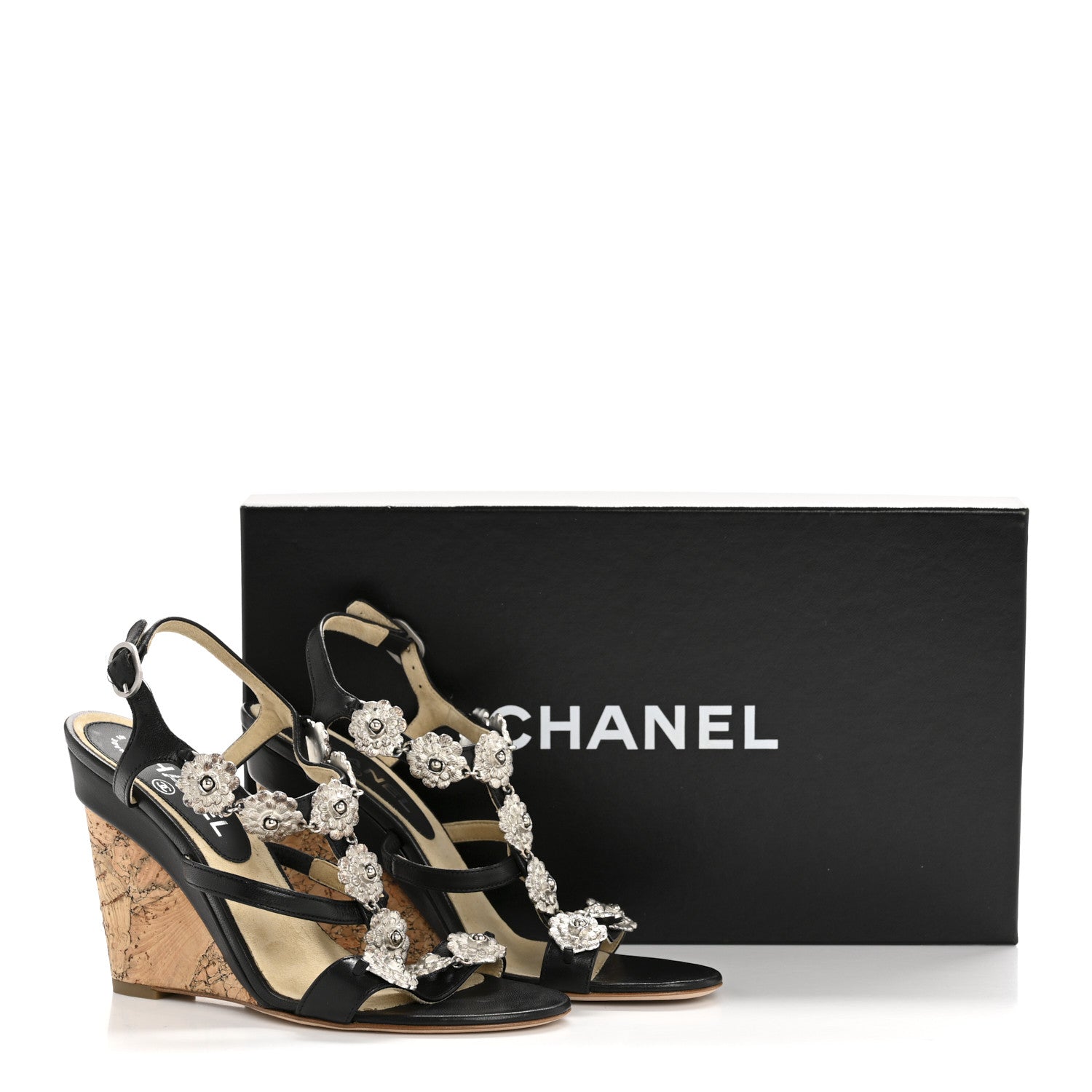 Lambskin Cork Camellia Wedge Sandals 37.5 Black