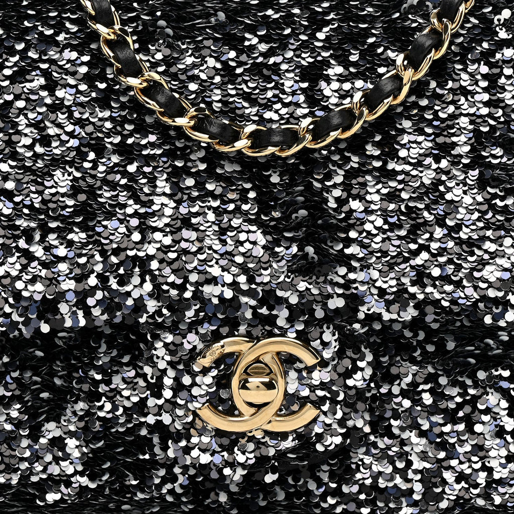 Chanel Sequin Quilted Small Single Flap Black White Grey