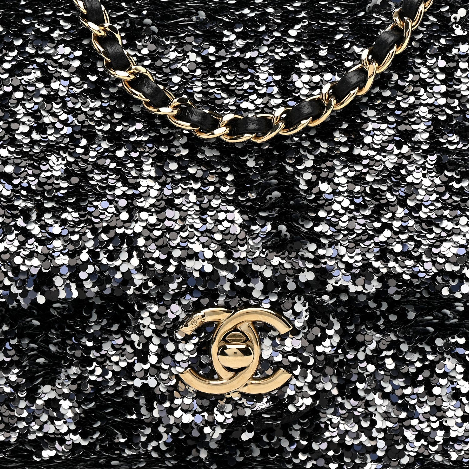 Chanel Sequin Quilted Small Single Flap Black White Grey