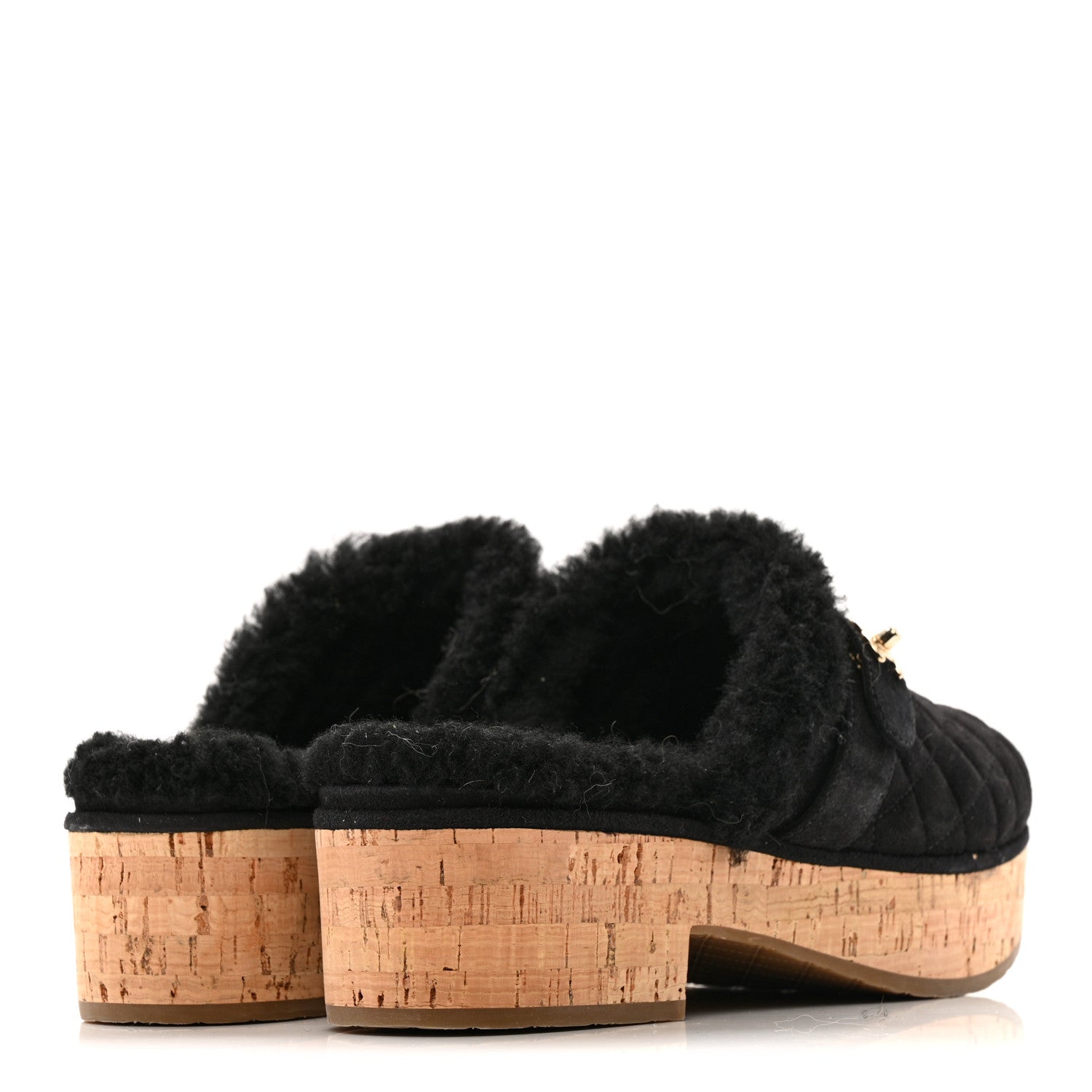 Chanel Suede Calfskin Shearling Turn Lock Clogs 41 Black