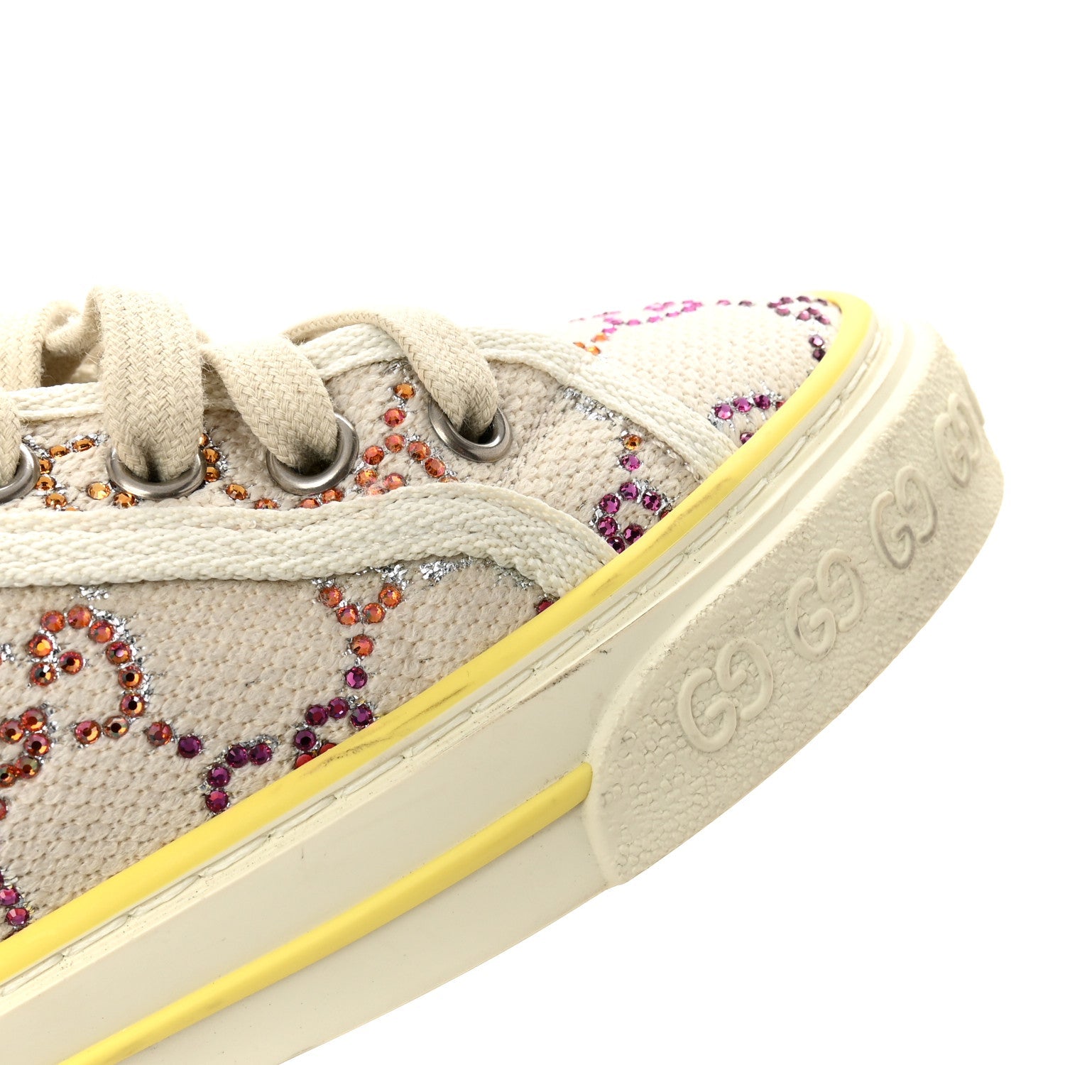 Gucci Canvas Lame Crystal GG Monogram Womens 1977 Tennis Sneakers 36 Gardenia Silver Mystic White