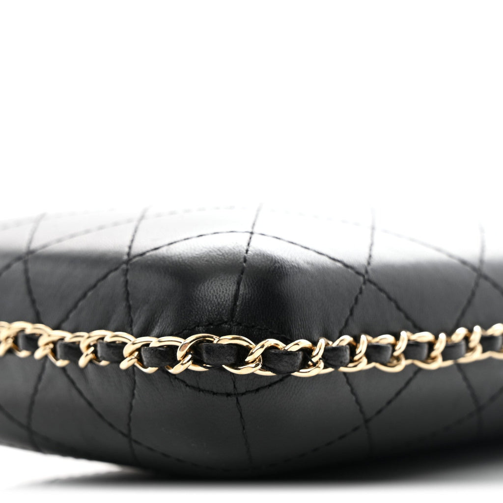 Lambskin Quilted Chain Around Phone Holder Black