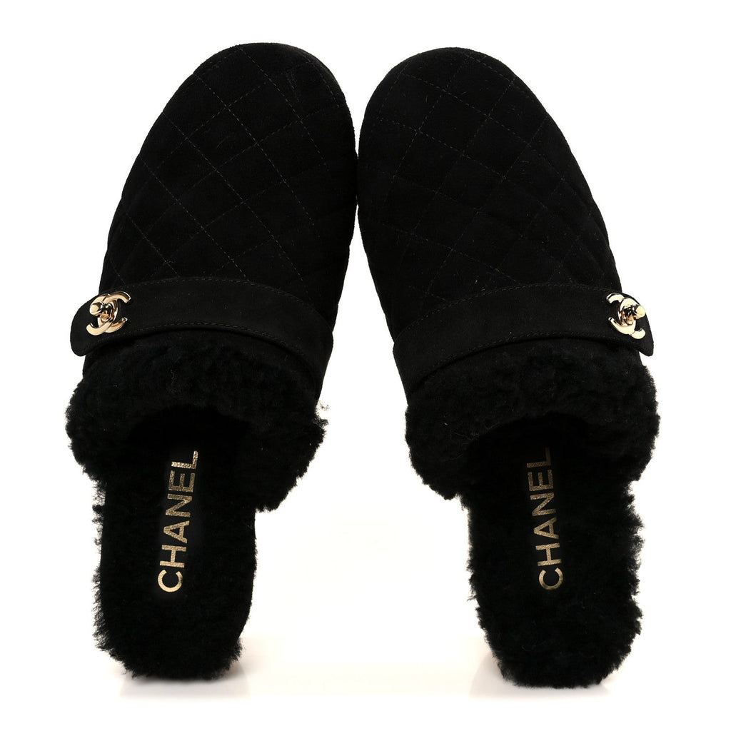 Chanel Suede Calfskin Shearling Turn Lock Clogs 38 Black