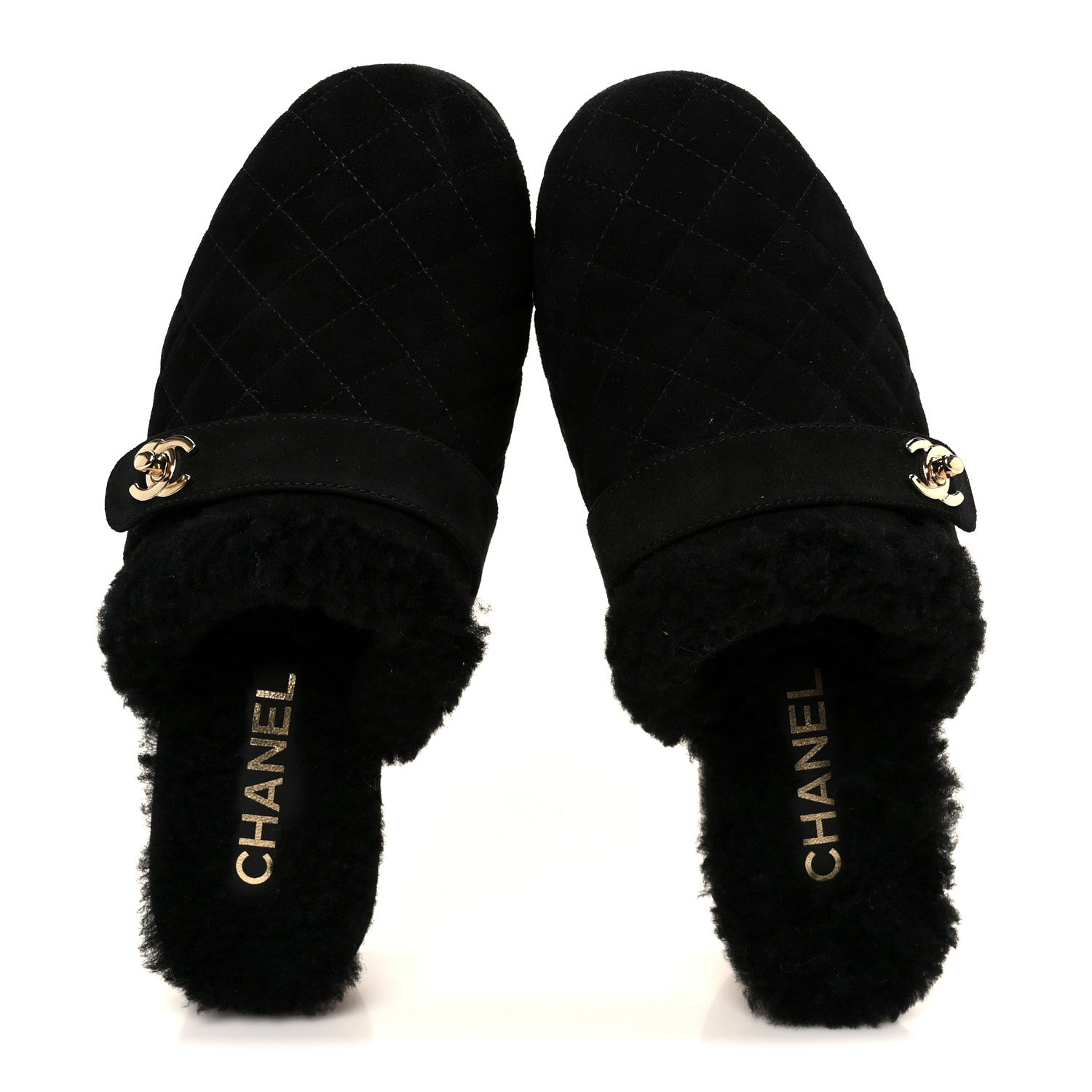 Chanel Suede Calfskin Shearling Turn Lock Clogs 38 Black