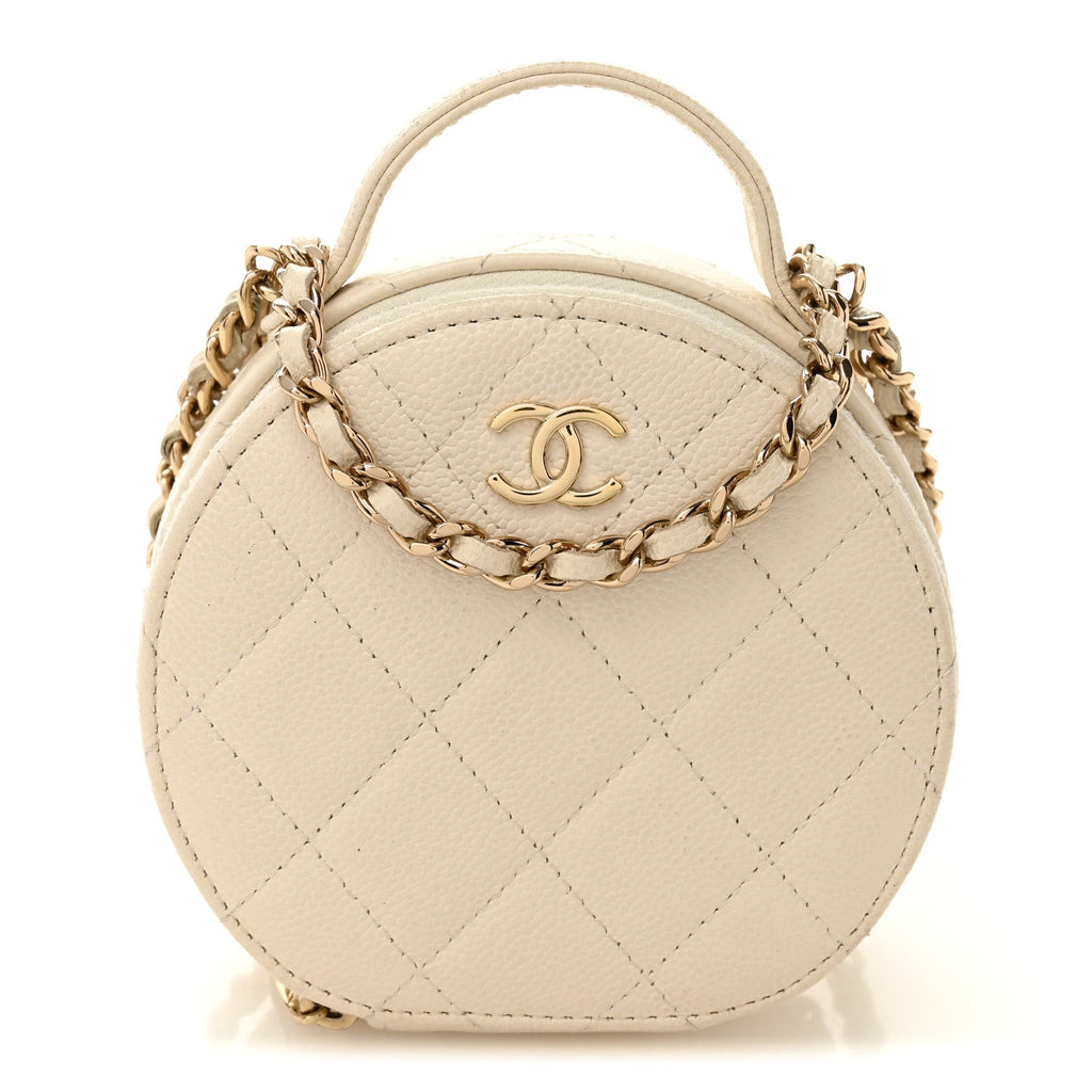 Chanel Caviar Quilted Round Handle With Care Vanity With Chain White