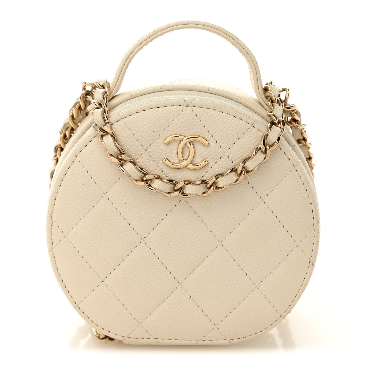 Chanel Caviar Quilted Round Handle With Care Vanity With Chain White
