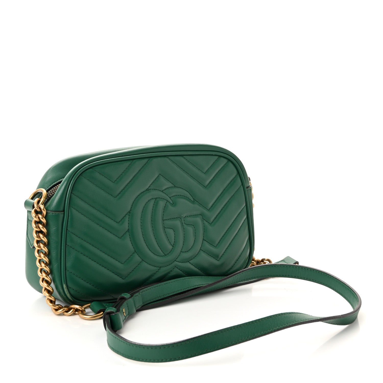 Gucci Calfskin Matelasse Small GG Marmont Chain Shoulder Bag Emerald Green