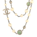Pearl Beaded CC Long Necklace Silver Green