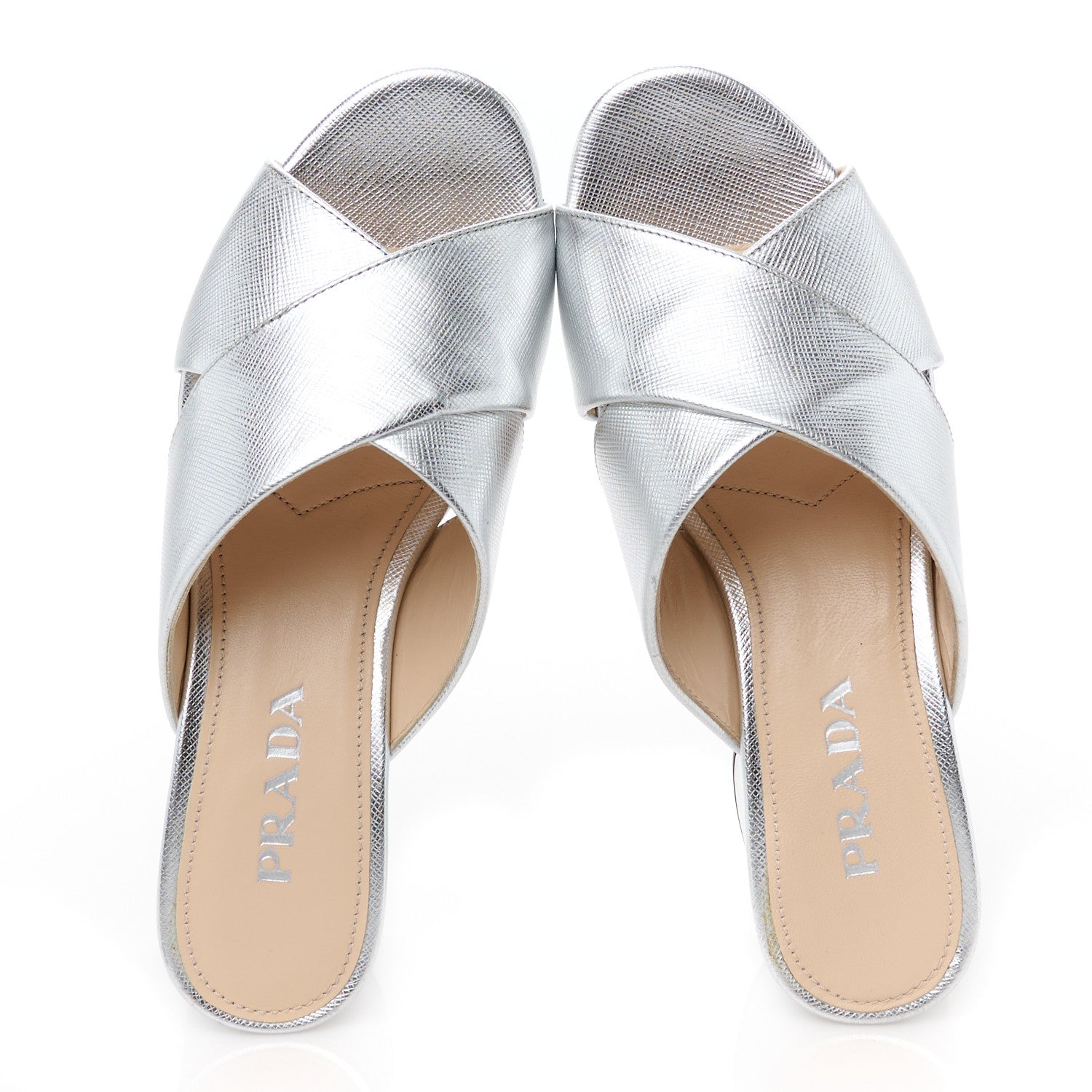 Prada Metallic Saffiano Crisscross Platform Sandals Silver 34.5