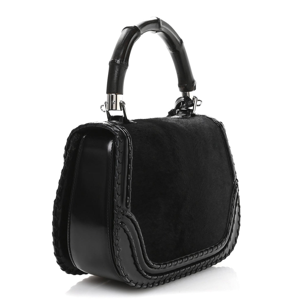Gucci Pony Hair New Bamboo Medium Top Handle Bag Black