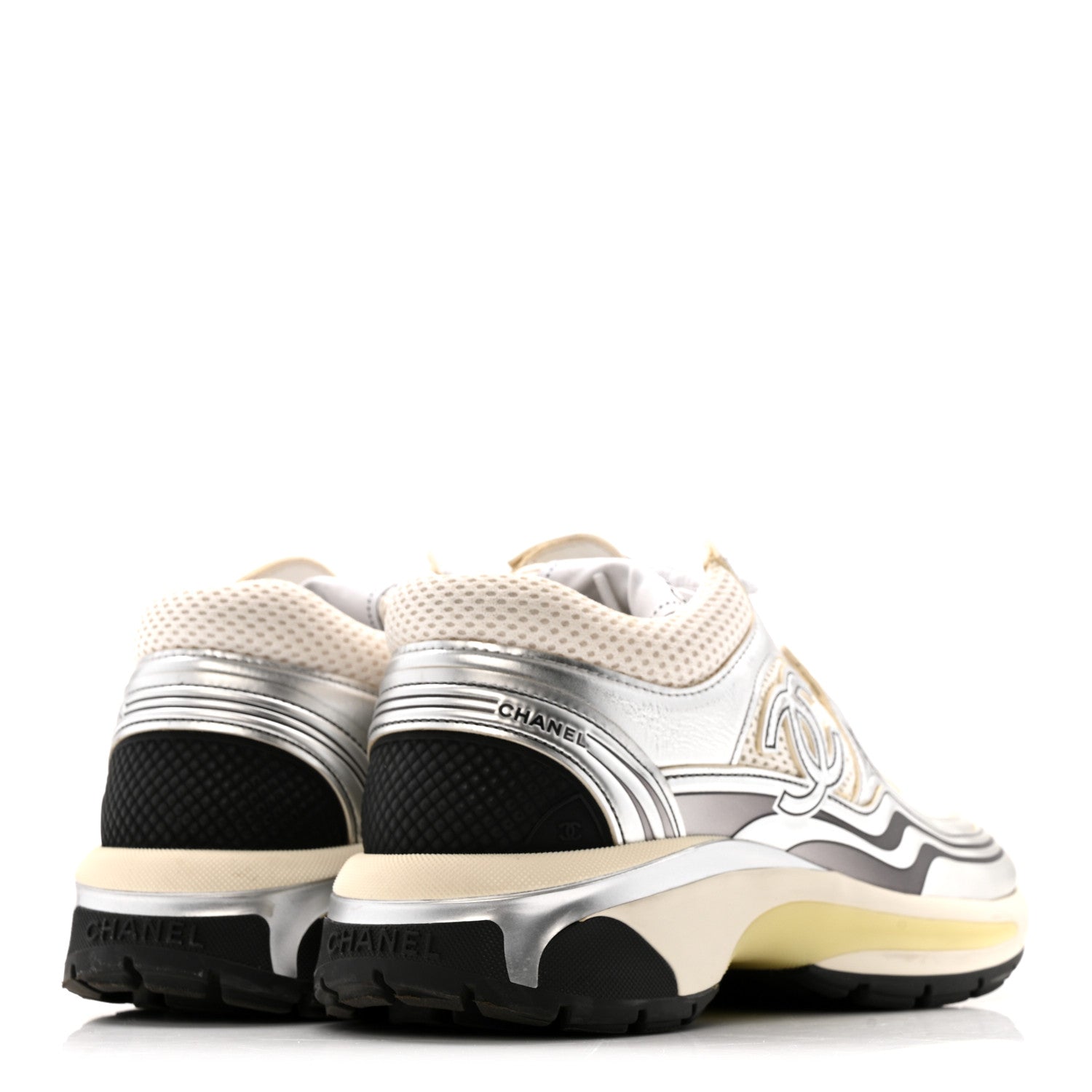 Fabric Laminated Calfskin Stretch CC Womens Sneakers 36 White Silver