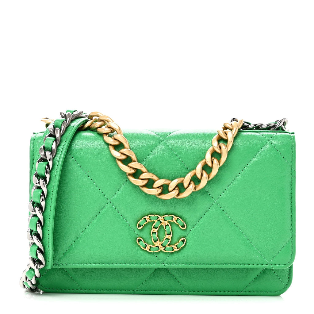 Chanel Shiny Goatskin Quilted Chanel 19 Wallet On Chain WOC Green