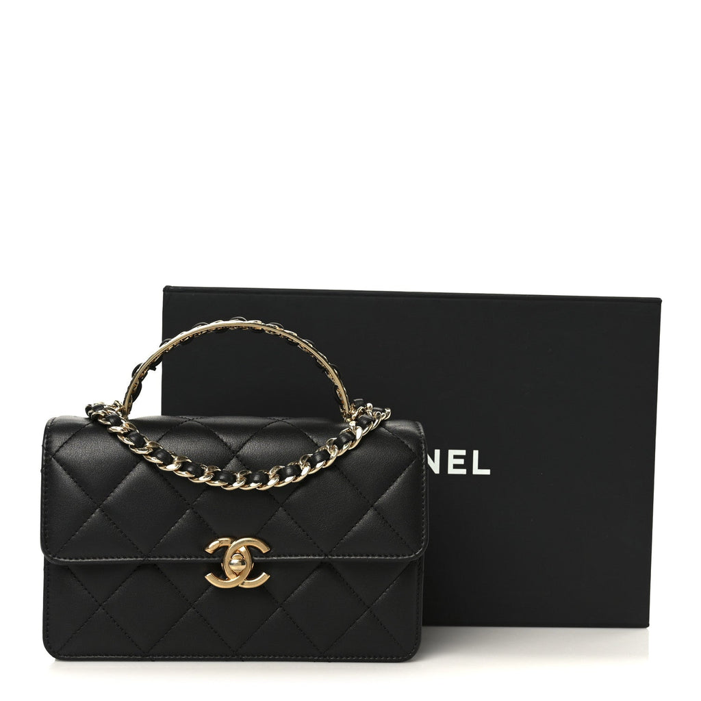 Chanel Shiny Calfskin Quilted Mini Metal Top Handle Flap Black