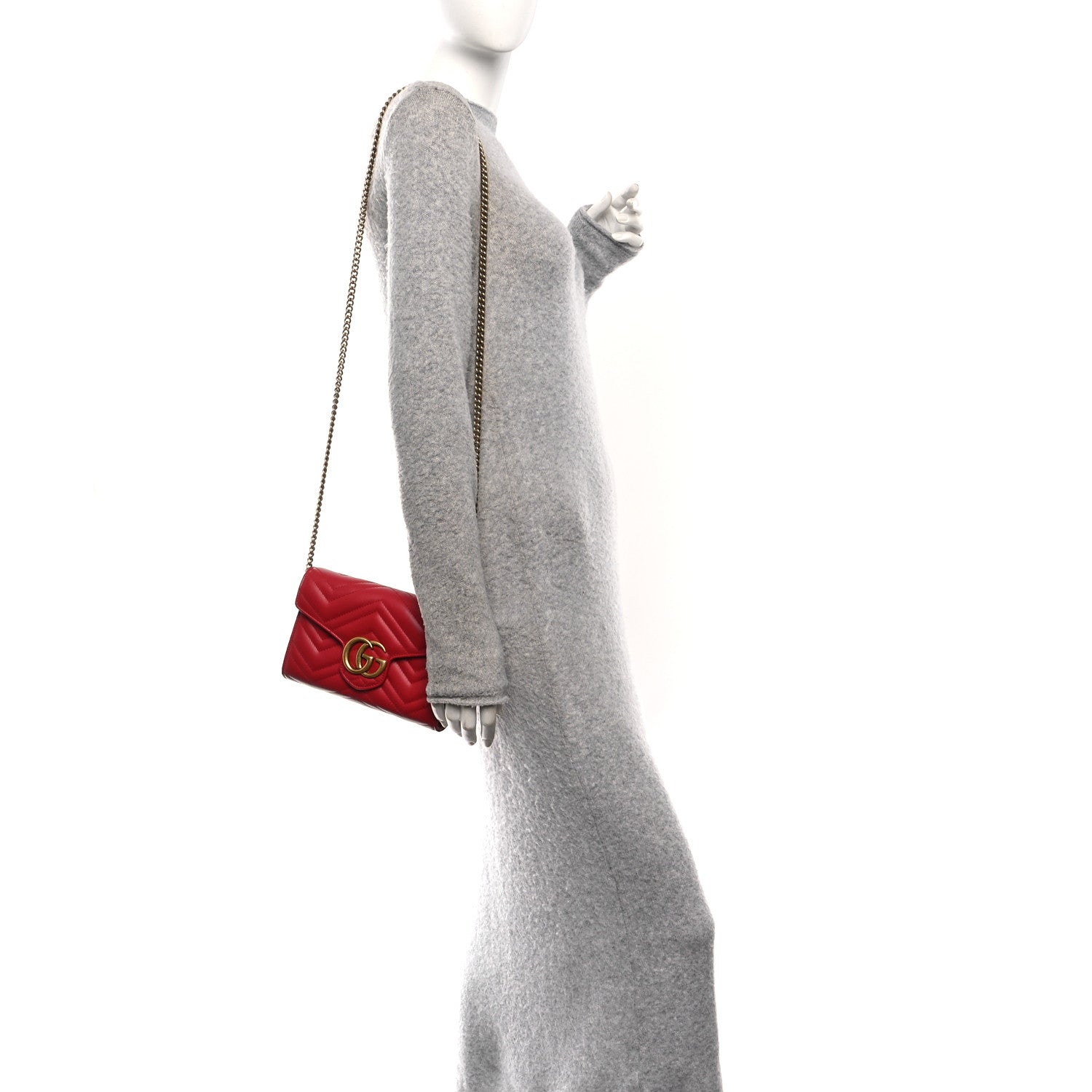 Gucci Calfskin Matelasse GG Marmont Chain Wallet Hibiscus Red