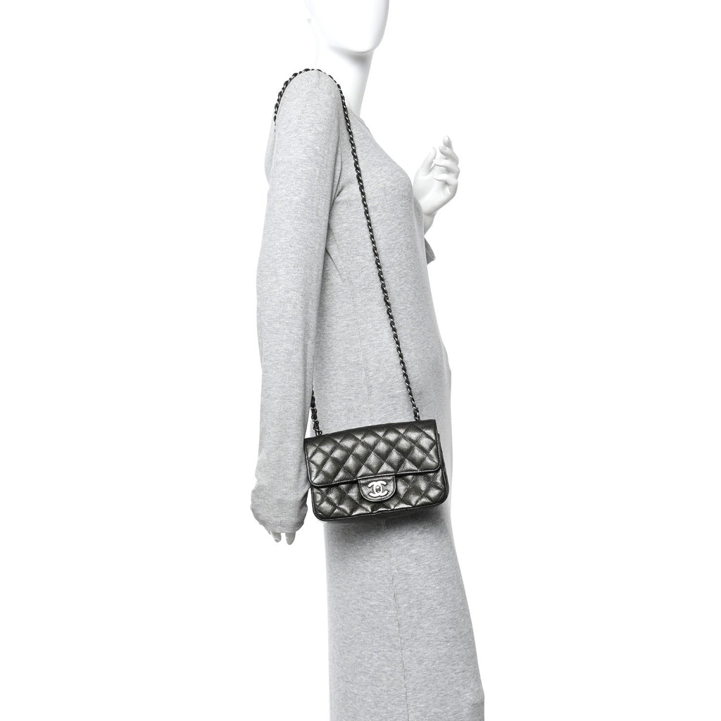 Chanel Metallic Caviar Quilted Mini Rectangular Flap Dark Grey