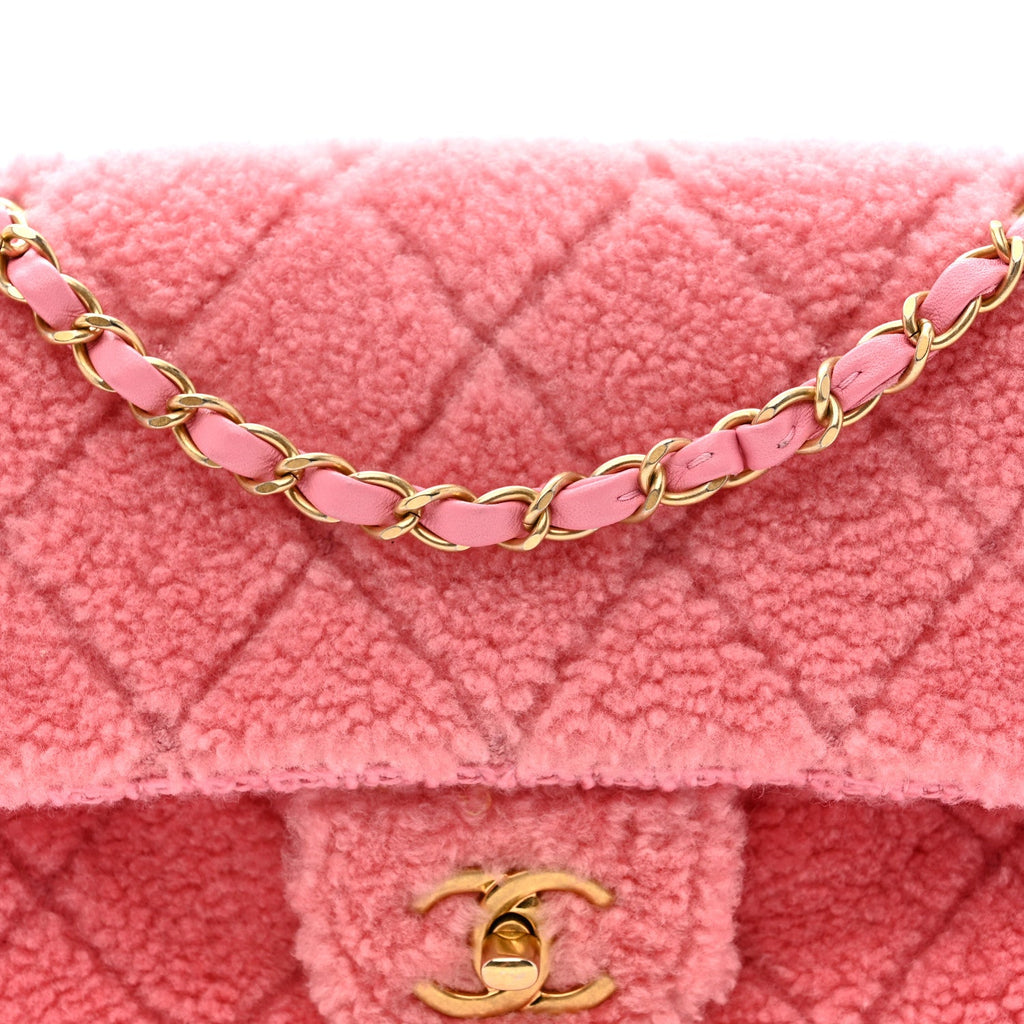 Chanel Shearling Tweed Quilted Medium Flap Bag Light Pink