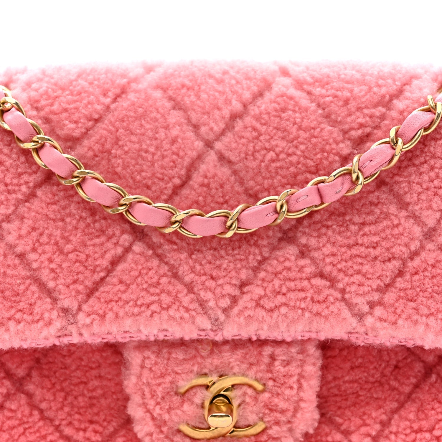Chanel Shearling Tweed Quilted Medium Flap Bag Light Pink
