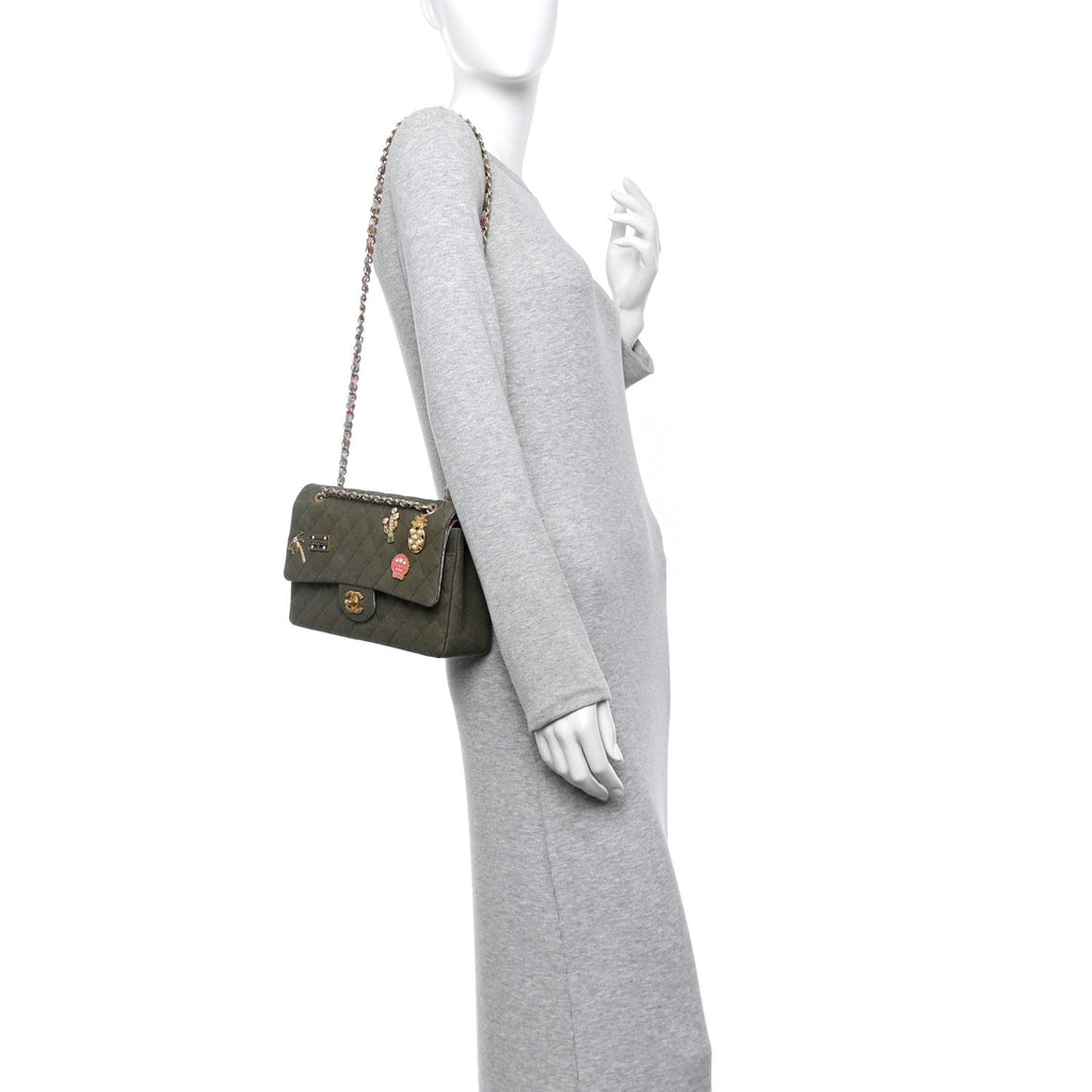 Chanel Canvas Quilted Coco Cuba Charms Medium Double Flap Khaki